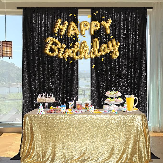 PartyDelight Black Sequin Backdrop 5x10ft 2 Panels - High Density 3mm Shimmer Sequin Background with 4-Inch Rod Pocket, Sparkly Photography Curtain for Prom, Gala, Stage & Event Decor