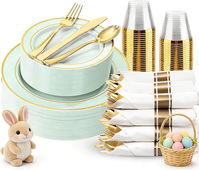 175PCS Sage Green Plastic Plates - Heavy Duty Green Plates Disposable - 25Guests Plastic Dinnerware with Rolled Napkins for Spring/Birthday/Baby Shower/Easter