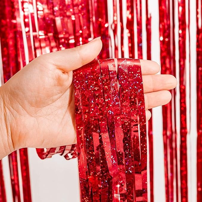 Foil Fringe Curtain Party Decorations - Black Red Metallic Tinsel Backdrop Party Steamers Curtains for Stranger/Boy/Men/Birthday/Prom/Bachelorette/Holidays Parties Decorations