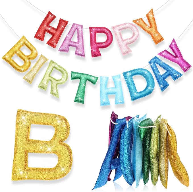 Tegeme Felt Happy Birthday Banner, Pre-strung Glitter Happy Birthday Garland Reusable Colorful Rainbow Decoration for Woman, Man Party Photo Prop(Classic,Yellow-green)