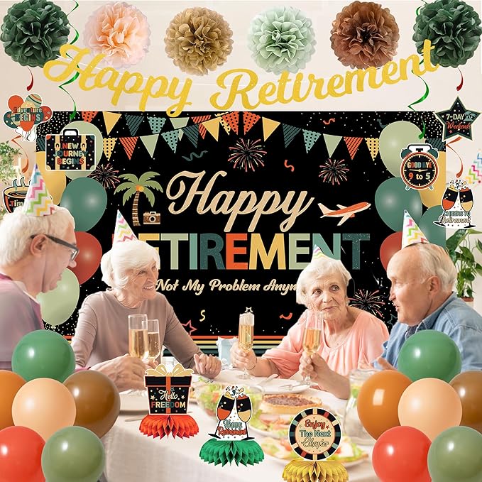 Vlipoeasn Retirement Decorations for Men Women, Colorful Vintage Retirement Party Set with Backdrop Banner Honeycomb Centerpieces Hanging Swirls, Office Retired Farewell Decor