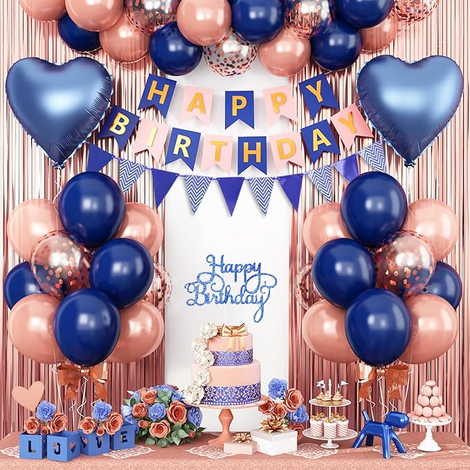 Navy Blue Rose Gold Birthday Decorations,Happy Birthday Banner Fringe Curtain Heart Foil Balloons for Women Girl Boys Men