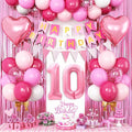 10th Birthday Decorations for Girls,Hot Pink 10th Birthday Balloons with Happy Birthday Banner Fringe Curtain Heart Foil Balloons for 10 Year Old Birthday Decor