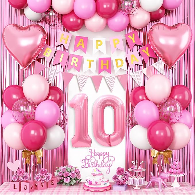10th Birthday Decorations for Girls,Hot Pink 10th Birthday Balloons with Happy Birthday Banner Fringe Curtain Heart Foil Balloons for 10 Year Old Birthday Decor