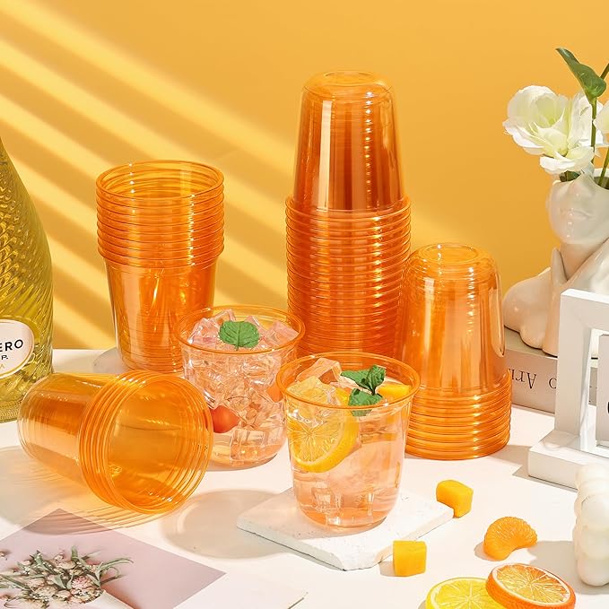 KesaPlan 50 Pcs Halloween Fall Orange Plastic Cups, 12 oz Disposable Stemless Wine Glasses, Plastic Cocktail Glasses for Juices Coffee Soda, Round Bottom Party Cups for Thanksgiving Wedding Party