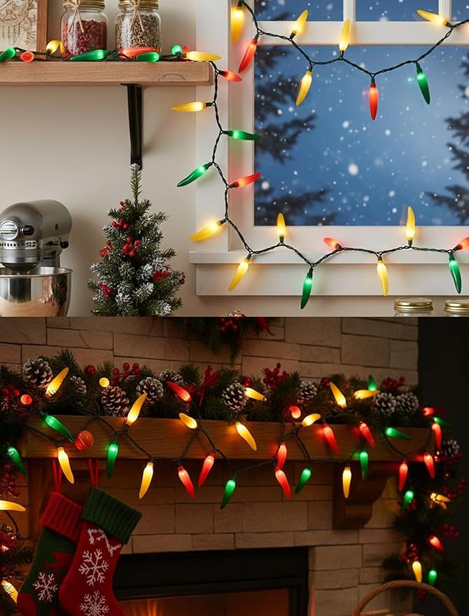 Multicolor Chili Pepper Christmas Lights Plug in, 13.6Ft Outdoor Christmas Decorations Lights with 35 LED Red Green and Yellow Chili Pepper Fiesta Light for Kitchen Patio Mexican Party Bar Garden