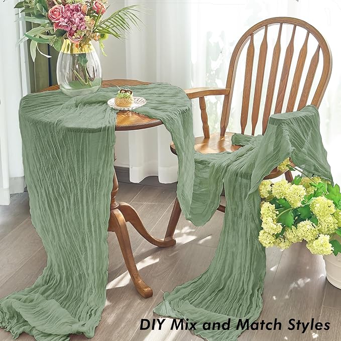 IVAPUPU 10 Pcs Cheesecloth Table Runner - 10ft Sage Green Easter Spring Boho Gauze Cheese Cloth Table Runners for Baby Shower Decoration Wedding Party Garden Farmhouse
