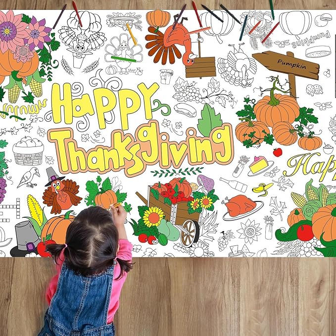 Giant Easter Coloring Poster and Tablecloth | Fun Family Activity & Party Game for Kids & Adults | Jumbo Paper Banner Table Cover - 34x72 Inches (Thanksgiving)