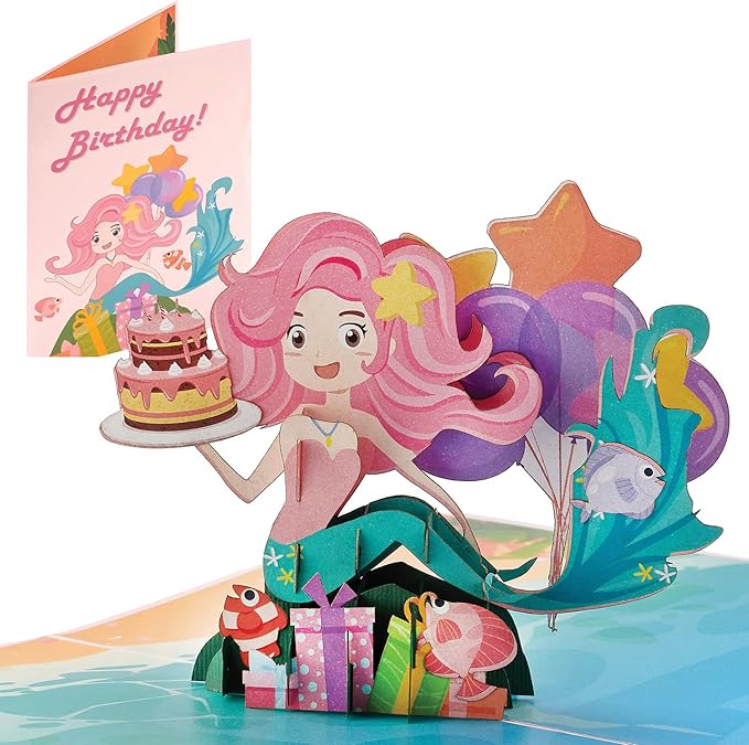 Mermaid 3D Pop-Up Card | 5x7 Inches Ocean Themed Pop Up Card for Kids Girls Boys | Cute Greeting Card for Happy Birthday, Anniversary, Party, Celebration, Special Occasion Gift with Envelope
