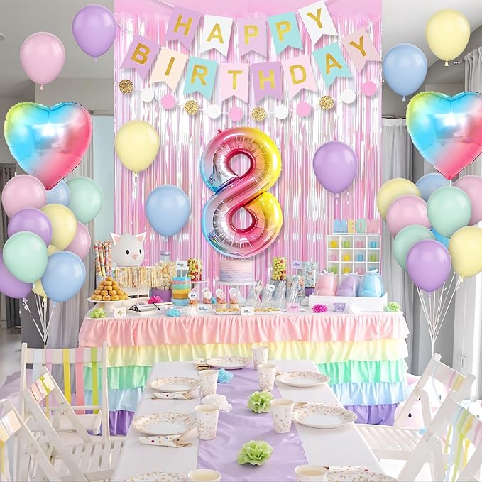 8th Birthday Decorations Rainbow,Gradient Number 8 Balloon,Pastel Happy Birthday Banner Fringe Curtain Heart Foil Balloons Boys Girls 8 Year Old Decor