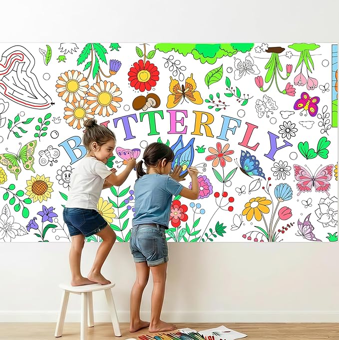 Butterfly Coloring Poster, 31 x 72 Inch Giant Flower Garden Theme Paper Coloring Tablecloth, Nature Spring Coloring Activity Table Cover, Holiday Arts Crafts Party Table Decor Supplies