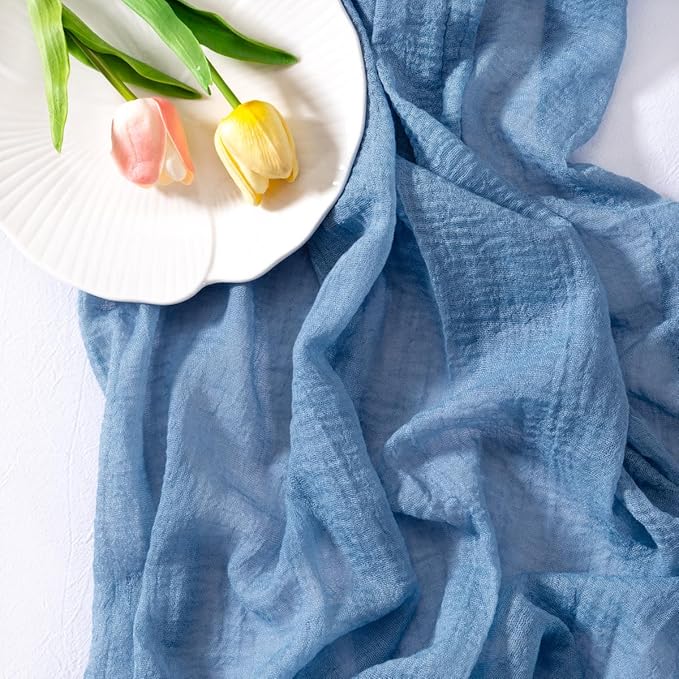 Socomi 3pcs Dusty Blue Easter Spring Gauze Cheesecloth Table Runner 120 Inch Rustic Boho Cheese Cloth Runner for Wedding Party Baby Bridal Shower Centerpiece Decoration Holiday Home Decorations