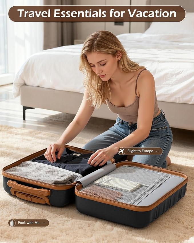 LONG VACATION Carry On Luggage Sets 3 Piece 20 Inch Suitcase Set, ABS+PC Hardshell Lightweight Travel Luggage with Spinner Wheels & YKK Zipper TSA Lock (20 INCH (BP/TB), BLACK-BROWN)