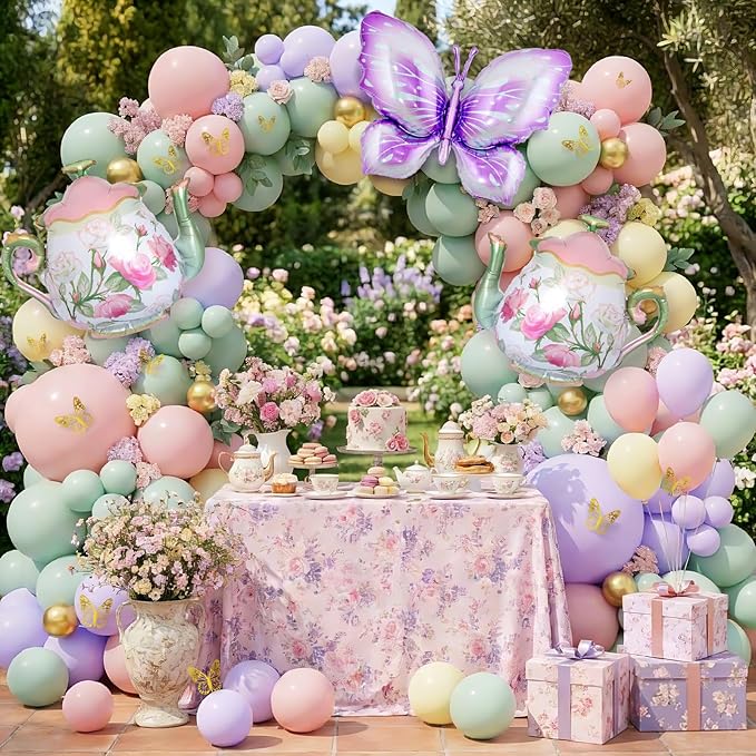Tea Party Decorations, 154Pcs Tea Party Balloon Arch Garland Kit with Pastel Pink Yellow Green Balloons Teapot Butterfly Foil Balloon for Girls Birthday Let's Par Tea Spring Garden Party Decorations