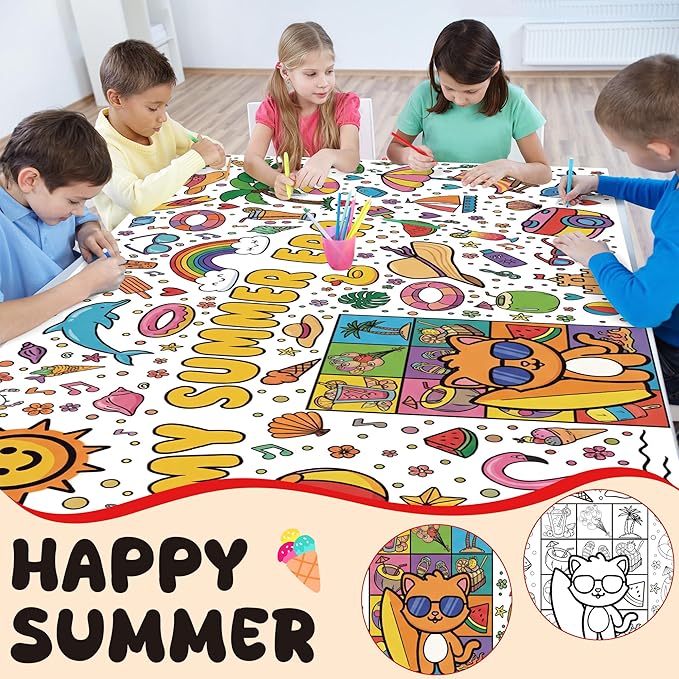 OHOME Summer Giant Coloring Poster/Tablecloth - Summer Toys | 30 x 72 Inches Jumbo Coloring Banner - Kids Crafts Activities Games Decor Party Favors Birthday Decorations for Classroom School