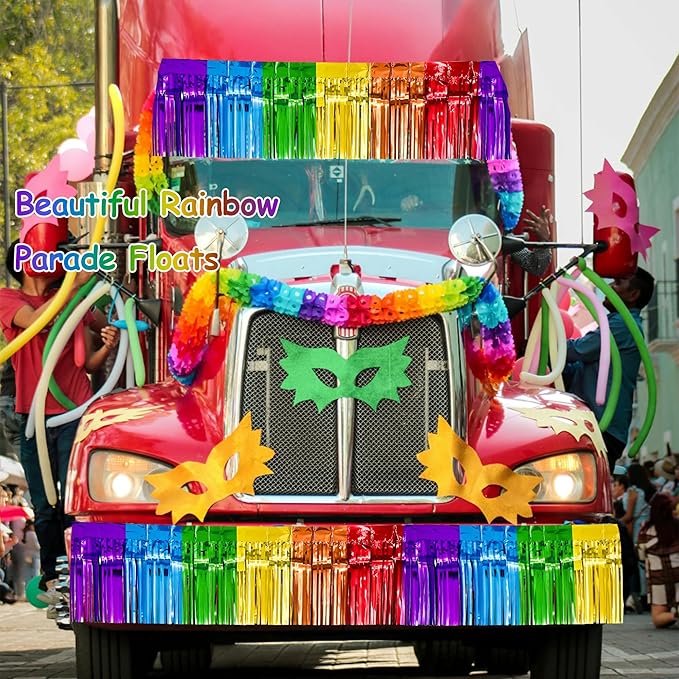 4 Packs Total 39 Ft Rainbow Parade Floats for Trailer Car, Colorful Foil Fringe Garland Tinsel Streamers Hanging Banner Table Skirts for Graduation Homecoming Holiday Birthday Pride Party Decor
