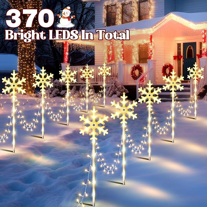 10 Pcs Christmas Snowflake Pathway Stake Lights for Outdoor Yard, 370 Bright LEDs Waterproof Large Christmas Snowflake Light Decoration for Garden Lawn Driveway Walkway Decor (Warm White)