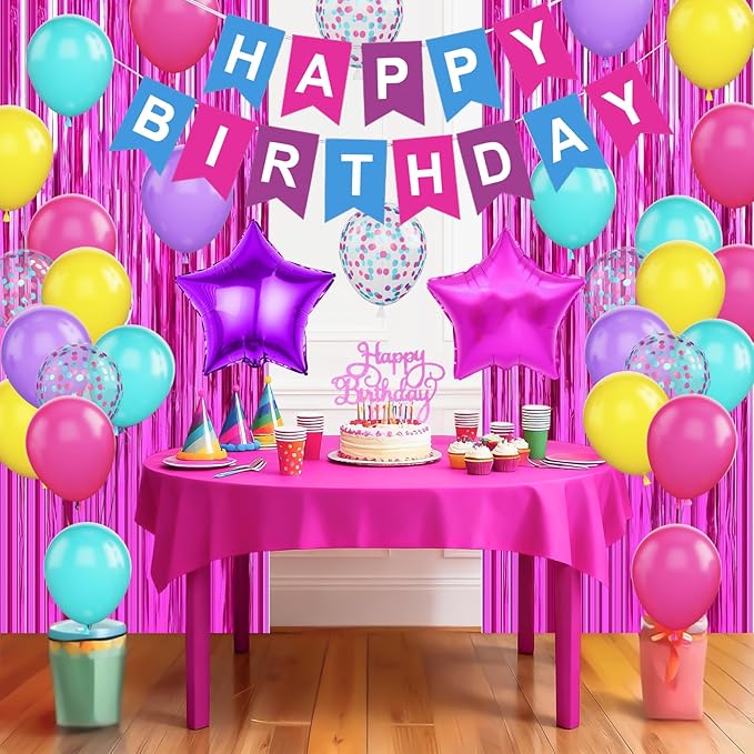 Pink Blue Purple Birthday Party Decorations for Girls Women, Hot Pink and Blue Birthday Decorations with Latex Balloons Happy Birthday Banner Cake Topper Star Foil Balloon Fringe Curtain