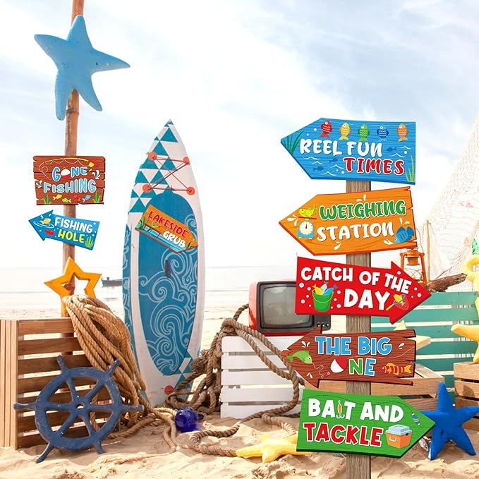 Hooqict 20 Pieces Gone Fishing Sign Fishing Birthday Party Decorations Welcome Direction Signs for Kids Summer Birthday Party Supplies Retirement Decorations Baby Shower Fish Cutouts