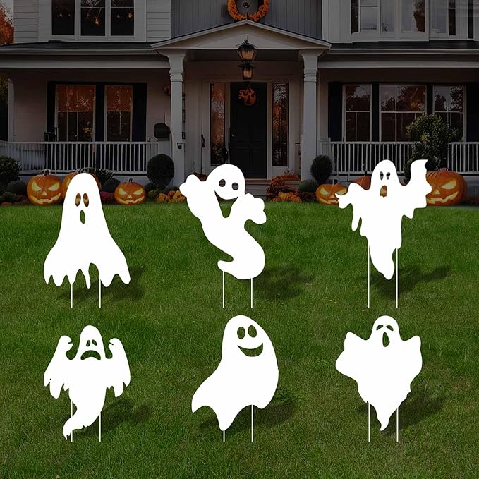Halloween Outdoor Decorations Yard Signs Stakes 6Pc Ghost Lawn Decorations Signs Hanging Ghost for Garden Yard Scary Halloween Party Supplies Trick or Treat Party Decorations Outside