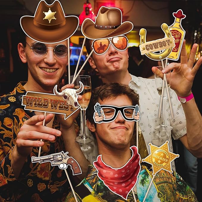 30 Pieces Western Cowboy Cowgirl Photo Booth Props Wild West Themed Party Decoration Rodeo Party Decorations with Wanted Sign for Country Party Bachelorette Rustic Party Supplies(Brown)