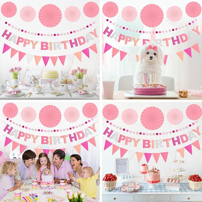Pre-Strung Happy Birthday Banner, Reusable Felt Birthday Party Decorations, 3D Effect Happy Birthday Sign with Felt Ball Garland, Pennant Flag, Hanging Paper Fans for Men Women Boy Girls (Pink)