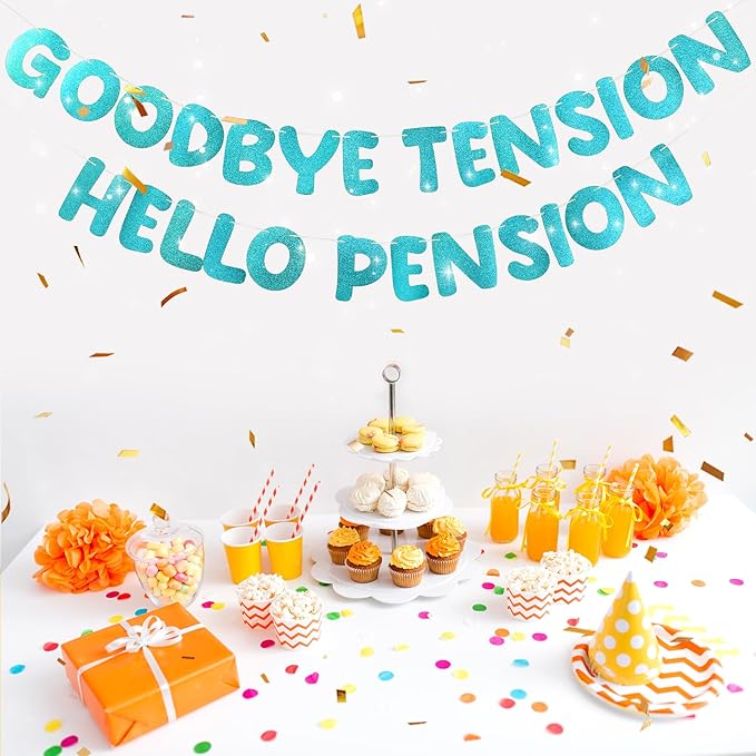 Retirement Banner Pre-Strung GOODBYE TENSION HELLO PENSION Banner Glitter Retirement Party Supplies Decorations for Women Men Office Home Decor (Turquoise)