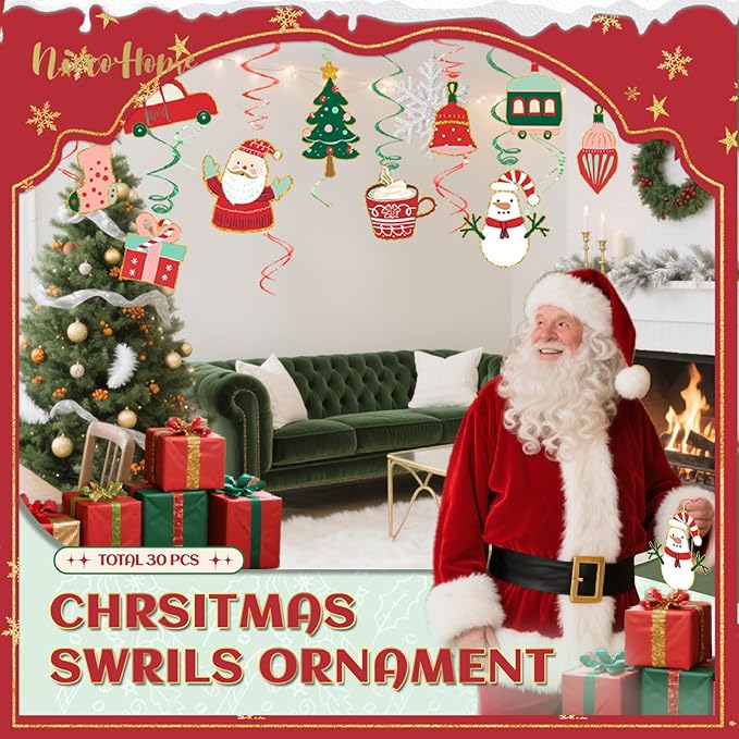 Christmas Decorations, 30 PCS Hanging Swirls Ceiling Decorations with Santa Claus, Snowman, Christmas Tree and Stocking Elements for Xmas Holiday Party Supplies