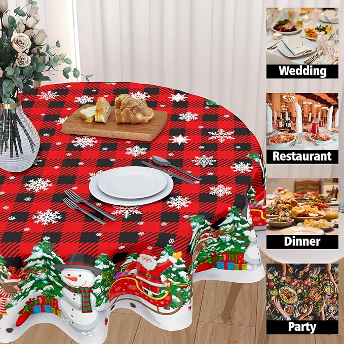 Christmas Tablecloth Round 60 Inch Black Red Buffalo Plaid Snowflake Winter Table Cloth Washable Snowman Christmas Table Cover for Kitchen Dinner Room Holiday Party Indoor Outdoor Home Decor