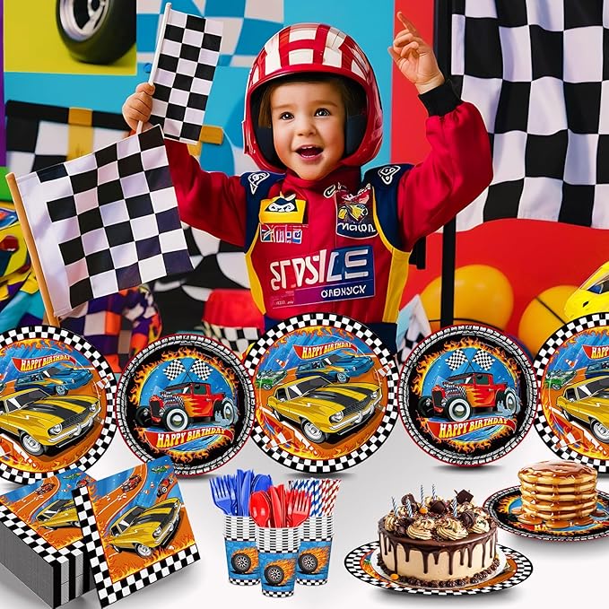 168pcs Racing Car Birthday Party Decorations Race Car Plates Napkins Disposable Parper Cups Blue Forks Tableware Set Party Supplies for Kids Boys Birthday Decor 24 Guests