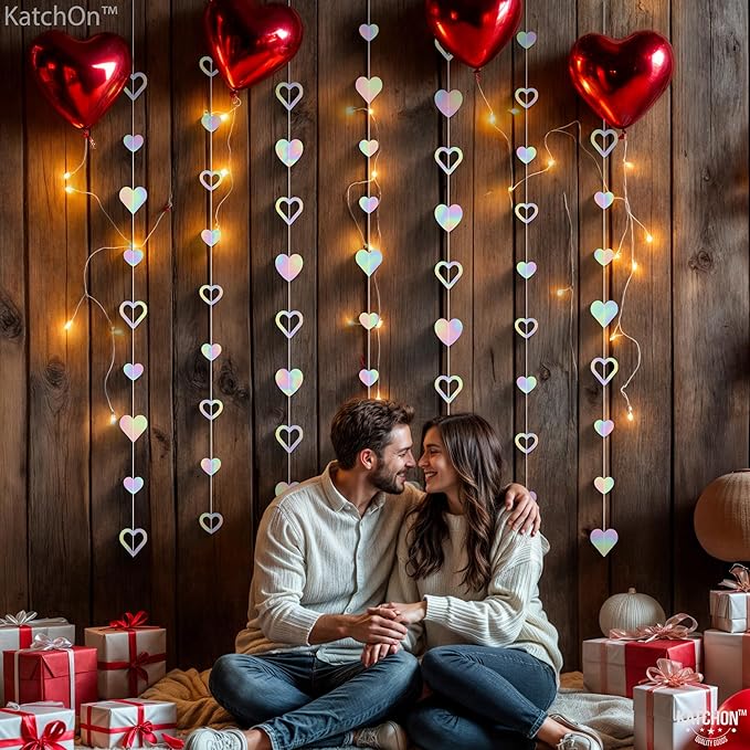 KatchOn, Iridescent Hanging Heart Garland - 6.5 Feet, Pack of 7, No DIY | Heart Banner Garland for Bridal Shower Decorations | Heart Streamers for Bachelorette Party Decorations