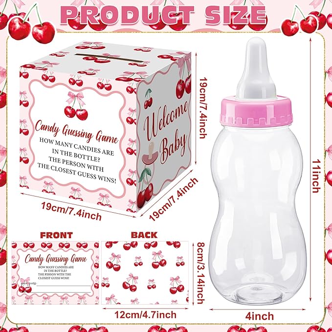Glenmal 52 Pcs Cherry Baby Shower Games Gift Sets Large Baby Bottle for Shower Game Guess How Many Candies Decorations for Gender Reveal