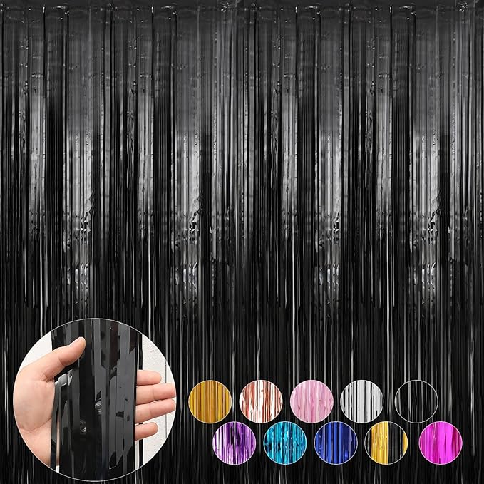 4 Pack Black Foil Fringe Curtains Door Streamers Party Decorations 3.3 x 8.2 ft, Tinsel Curtain Fringe Backdrop for Parties, Door Fringe Birthday Streamers, Photo Booth Backdrops, Party Decor