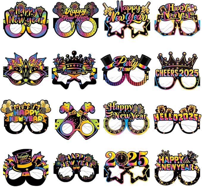 16PCS Happy New Year Glasses, New Year Paper Eyeglasses Photo Booth Props for 2026 Party Supplies Decorations