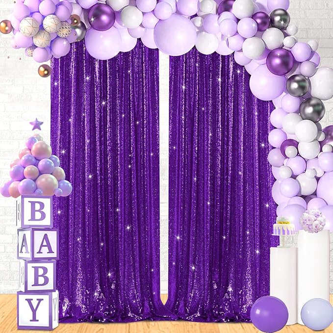 B-COOL Purple Sequin Backdrop Curtains 2 Packs 2ftx8ft Sparkle Backdrop Fabric Glitter Backdrop for Party Ceremony Wedding Birthday Decoration