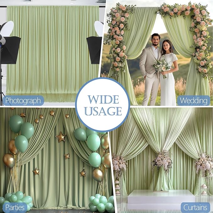 30x10ft Wrinkle Free Sage Green Backdrop Curtain for Parties Soft Fabric Drapes Wedding Curtain Backdrop for Birthday Party Decorations Background for Photography 5x10ft, 6 Panels