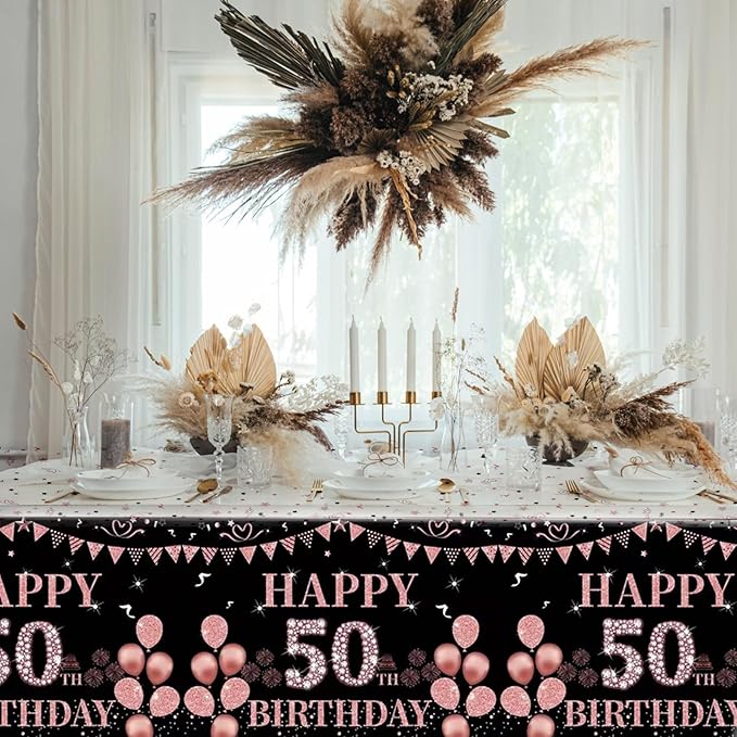 3 PCS Happy 50th Birthday Tablecloth Decorations Black and Rose Gold Theme Tablecloth Plastic Disposable Table Decorations for Women Birthday Anniversary Celebration Party Supplies