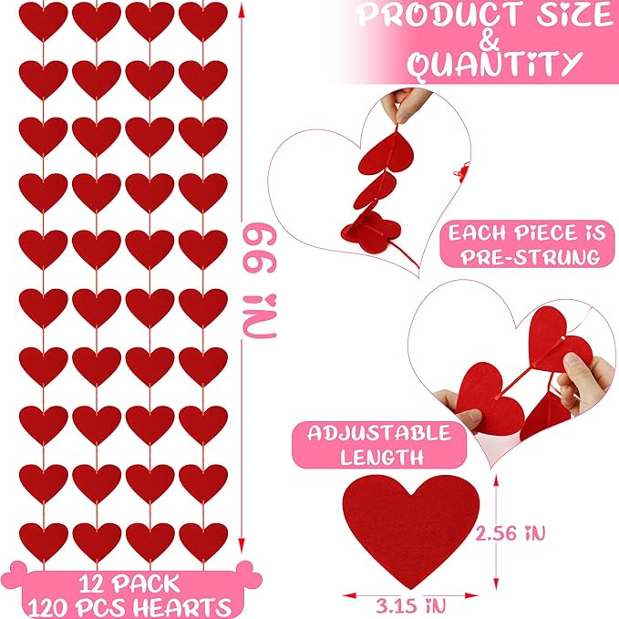 120PCS Felt Hearts, 12PCS Heart Banner, No DIY Hanging Heart Banner Indoor Outdoor Red Garland Heart Party Decor for Wall Window Door Fireplace
