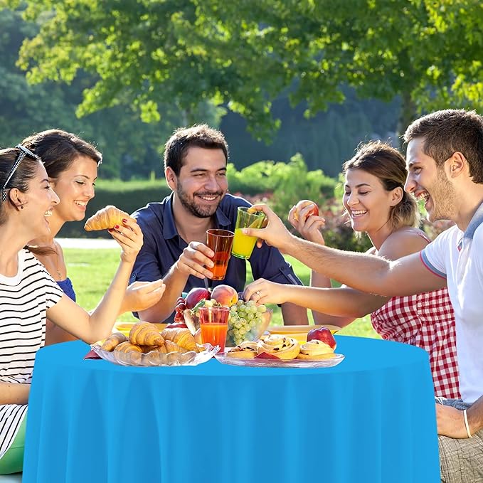 12 Pack Blue Round Disposable Tablecloths, Waterproof Plastic Table Covers for Wedding Birthday Baby Shower Party Decor, 84 Inches