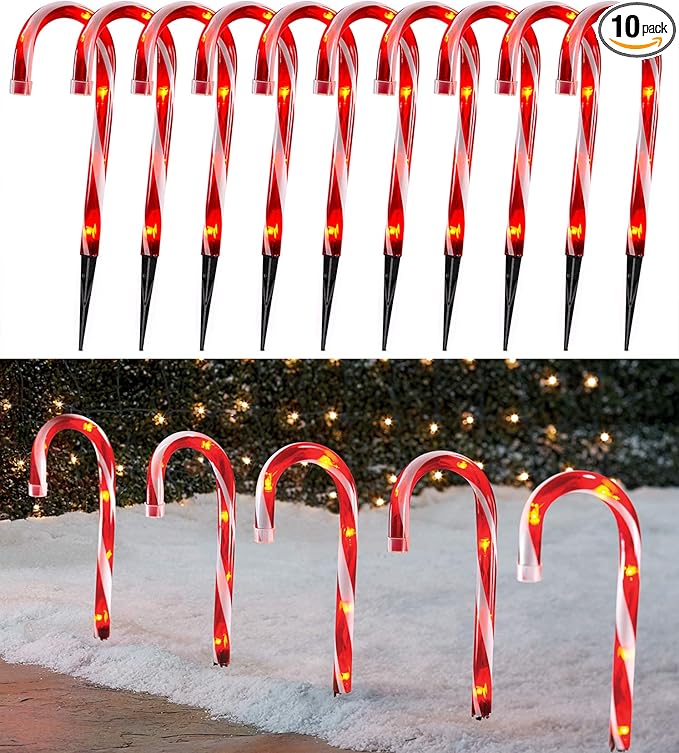 Christmas Candy Cane Lights Outdoor Pathway -10 Pack Lighted Candy Cane Pathway Markers Lights Walkway, 10 inch Candycane Christmas Sidewalk Outdoor for Yard Lawn Decorations