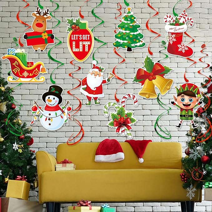 Red-White Green Christmas Party-Decorations Streamers - 16pcs Friendsmas New Year Hanging Swirls Banner Supplies, Classroom Ceiling Garland Indoor Holiday Decor