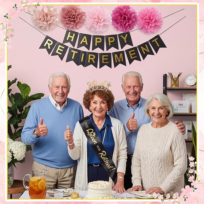 2 Pcs Retirement Party Decorations Retired Sash Retired Queen Tiara Crown for Women Retirement Gifts Black Sash and Gold Rhinestone Headband for Party Supplie, Gifts, Favors