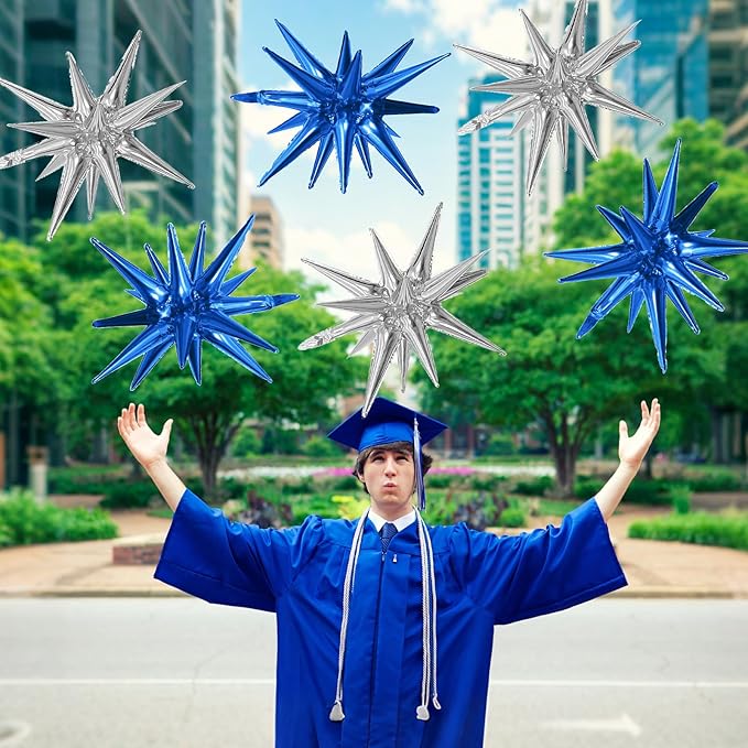 6PCS Blue Silver Star Balloons, 22Inch Large Navy Blue Silver Star Shaped Balloon Foil Spike Balloon Cone Balloons for Graduation Birthday Baby Shower Party Decorations