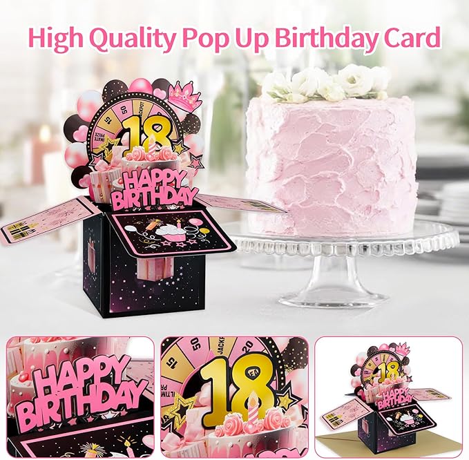 FaCraft Pop Up 18th Birthday Card - Handmade Happy Birthday Pop Up Greeting Cards Gift with Envelope and Blank Insert, Spinning Wheel Design, 18 Year Old Teens, Girls, Daughter