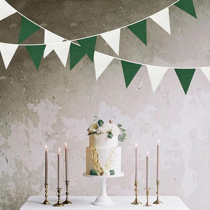 46Ft Green White Party Decorations Dark Green White Burlap Banner Triangle Pennant Flag Linen Garland Streamers for Master Golf Birthday Baby Shower Rustic Camping Jungle Golf Party Decorations