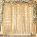 10x10ft Champagne Backdrop Curtain with Lights String for Wedding Sheer Tulle Chiffon Curtain Photo Backdrops Drapes for Baby Shower Birthday Party Home Ceremony Decorations