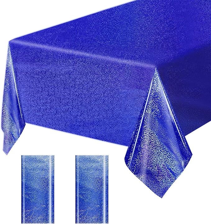 2 Pack Blue Iridescent Plastic Tablecloth Disposable 54 × 108 Inch Glitter Holographic Foil Table Cloth Plastic Laser Rectangle Table Cover for Birthday Wedding Disco Party