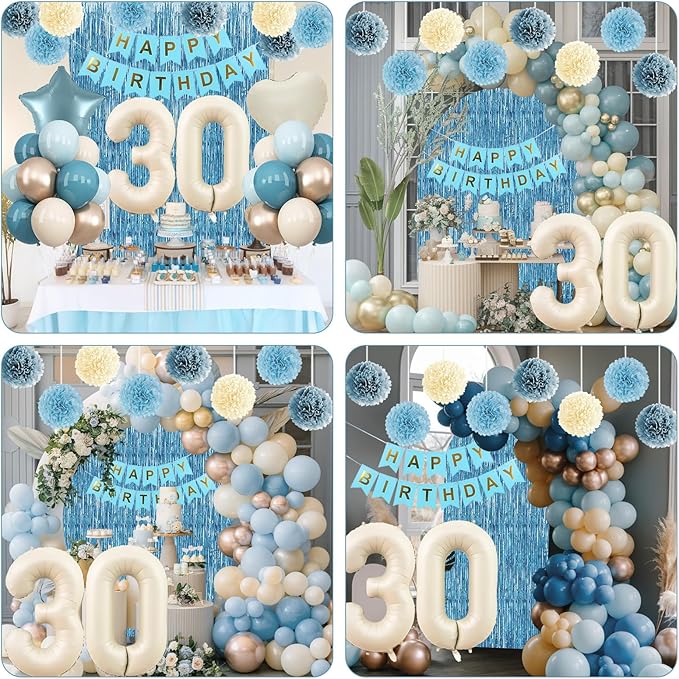 Dusty Blue 30th Birthday Party Decorations for Her Him Beige Cream Number 30 Balloon with Blue Gold Happy Birthday Banner Fringe Curtain Paper Pom Poms Nude White Sand Champagne Star Foil Balloons