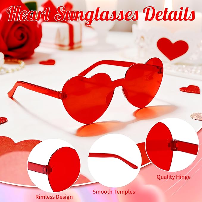 2/4/8/12/20 Pairs Heart Shaped Sunglasses Transparent Heart Glasses Rimless Trendy Eyewear for Valentines Party Favor