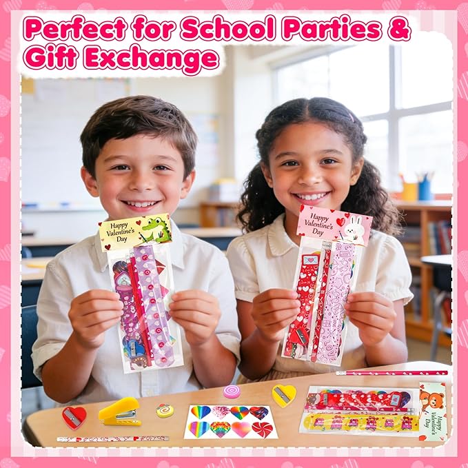 Valentines Day Gifts for Kids - 28 Pack Valentines Stationery Set with Cards, Pencils, Stickers, Erasers, Rulers and Sharpener for Girls Boys Class Exchange, Classroom Prizes and School Party Favors